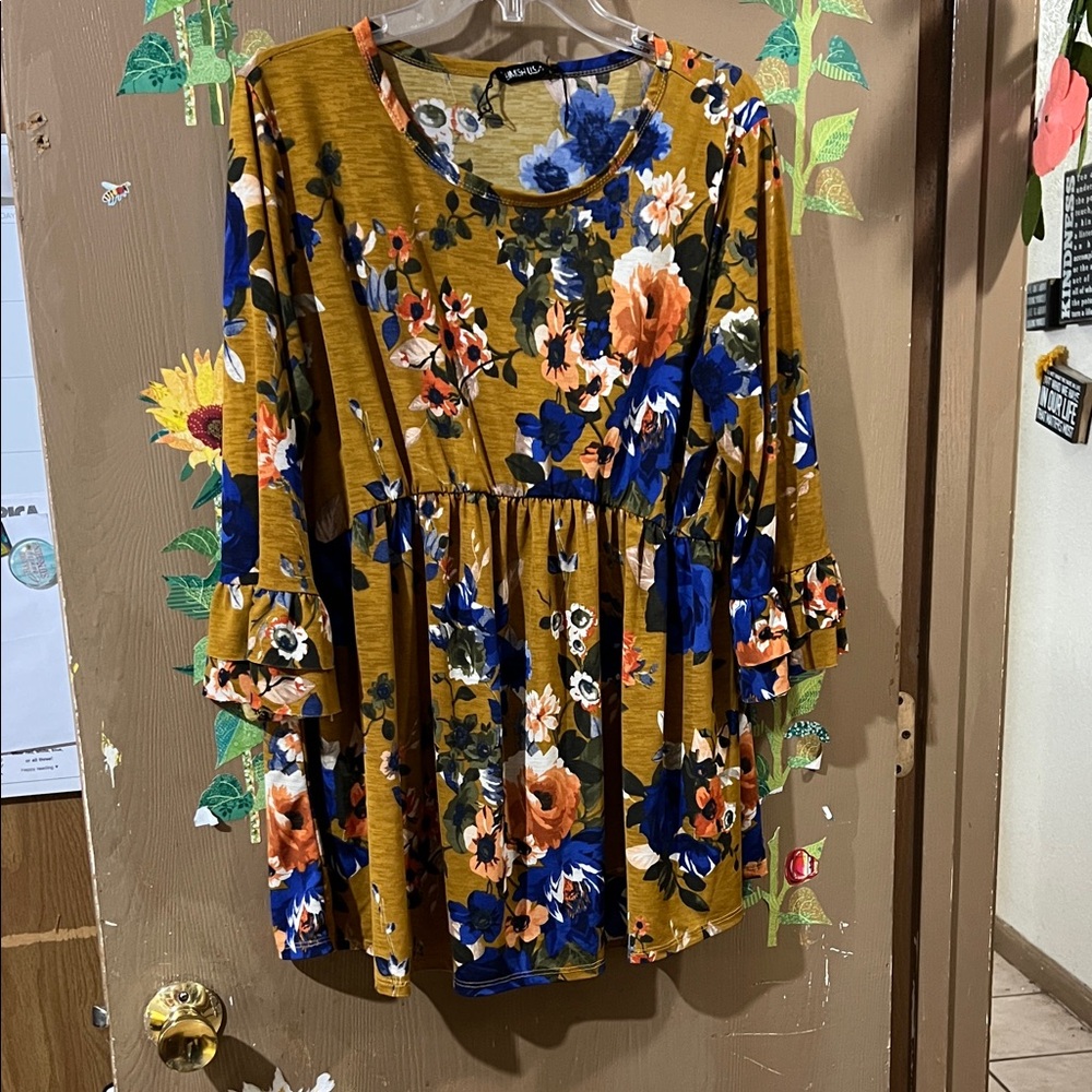 Floral Print Tunic Top - Mustard and Blue